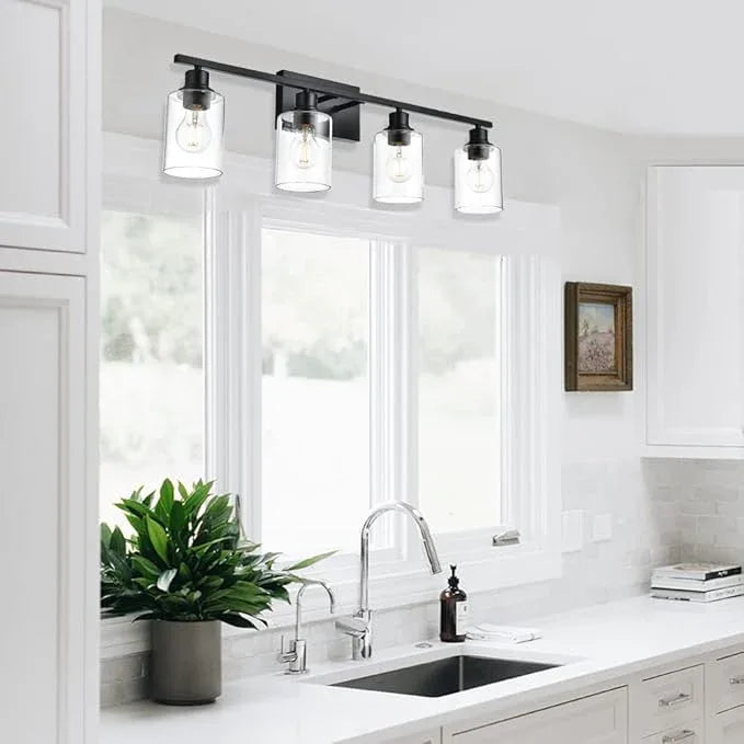 VINLUZ 4-Lights Black Bathroom Vanity Light Fixtures with Clear Cylinder Glass Shade,Industrial Metal Wall Mounted Lighting Over Mirror - ModernBath