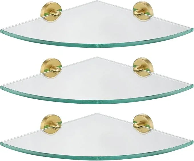 JQK Corner Glass Shelf 10.67 Inch, Brushed Gold Bathroom 304 Stainless Steel Shower Triangle Floating Wall Shelf Tempered Glass, 3 Pack TGS190L10-BG-P3 - ModernBath