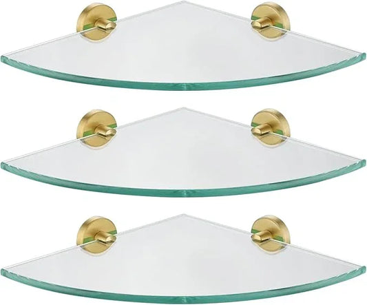 JQK Corner Glass Shelf 10.67 Inch, Brushed Gold Bathroom 304 Stainless Steel Shower Triangle Floating Wall Shelf Tempered Glass, 3 Pack TGS190L10-BG-P3 - ModernBath