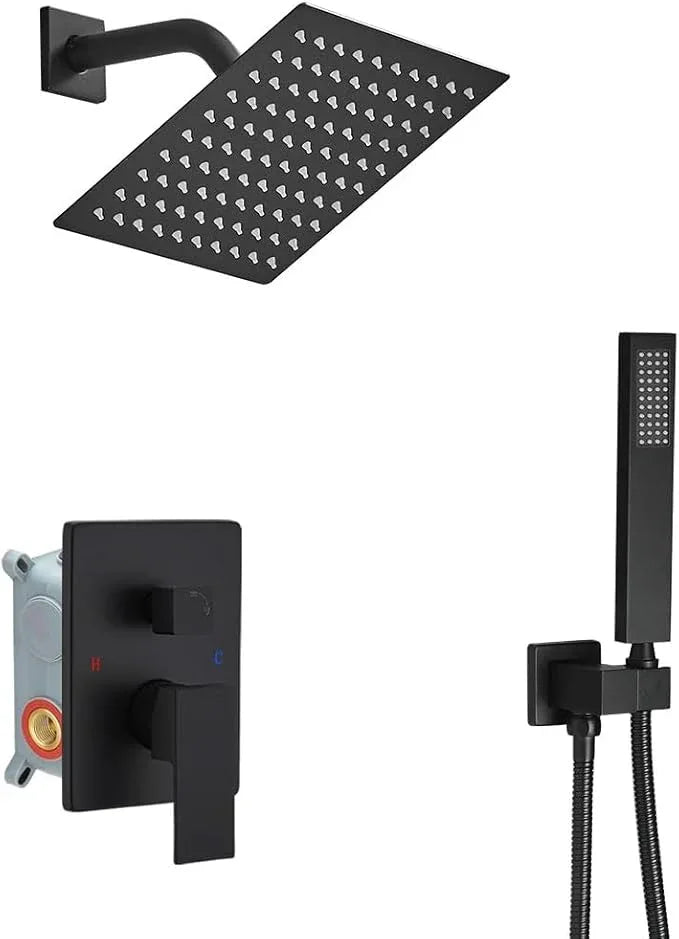 Heable Matte Black Shower System with High Pressure 8'' Rainfall Shower Head, Handheld Shower head, Bathroom Luxury Rain Mixer Shower Combo Set Wall Mounted Shower Faucet Rough-in Valve and Trim Kit - ModernBath