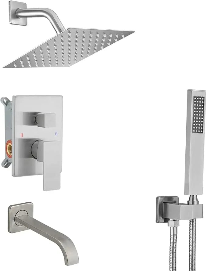 Heable Brushed Nickel Shower System Bathroom Shower Faucet Set with Tub Spout Wall Mounted 8 Inch Shower Head and Handle Set with Handheld 3 Function Tub and Shower Trim Kit with Valve - ModernBath