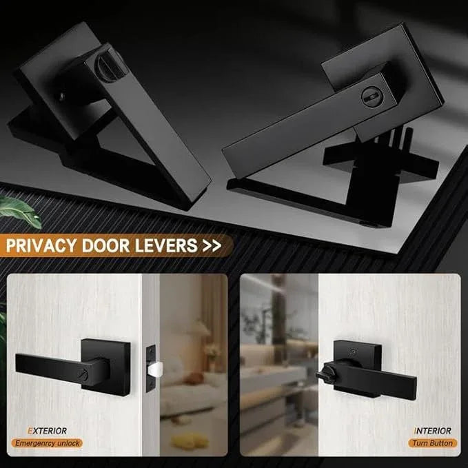 Probrico 2 Pack| Square Privacy Door Levers Matte Black Bed Bath Door Handles, Keyless Interior Door Lockset Heavy Duty Leversets for Left or Right Handed Doors - ModernBath