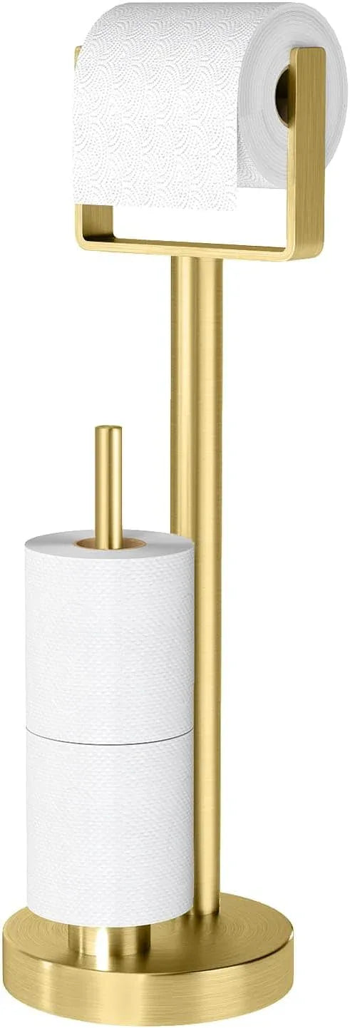 YUMORE Toilet Paper Holder Stand with Storage, Bathroom Weighted Base Floor Toilet Paper Roll Holder Free Standing for 3 Rolls, Gold - ModernBath