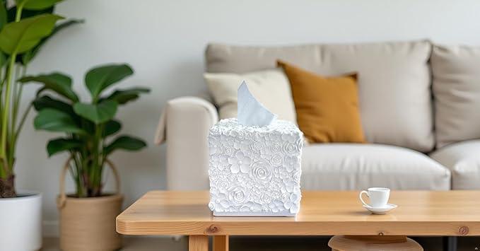 Huitony Square Tissue Box Cover Decorative Kleenex Box Holder for Bathroom & Living Room with Handcrafted Texture (Rose White) - ModernBath