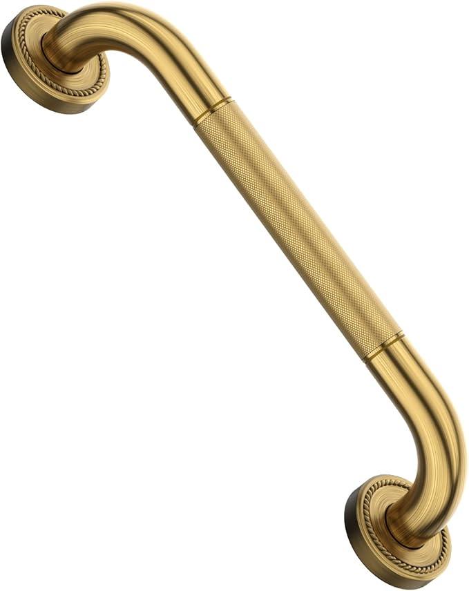 12 Inch Bronze Shower Grab Bar Gold, Munzong Antique Brass Bathroom Grab Bar w/Anti-Slip Knurled Grip, Bathroom Balance Bar, Safety Bath Handrail Support, Handicap Injury Elderly Senior Assist Handle - ModernBath