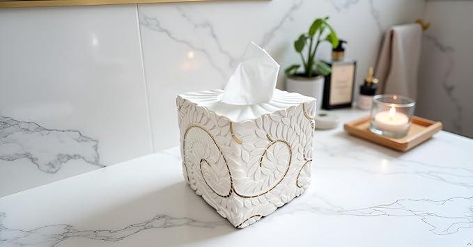 Huitony Square Tissue Box Cover Decorative Klenex Box Holder for Bathroom & Living Room with Handcrafted Texture (White&Gold) - ModernBath