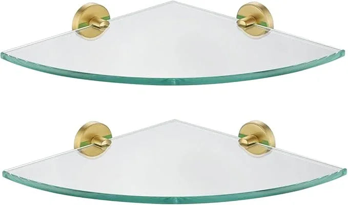 JQK Corner Glass Shelf, Brushed Gold Bathroom 304 Stainless Steel Shower Triangle Floating Wall Shelf, 10 x 10 Tempered Glass, 2 Pack TGS190L10-BG-P2 - ModernBath