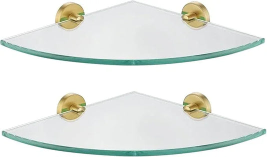 JQK Corner Glass Shelf, Brushed Gold Bathroom 304 Stainless Steel Shower Triangle Floating Wall Shelf, 10 x 10 Tempered Glass, 2 Pack TGS190L10-BG-P2 - ModernBath
