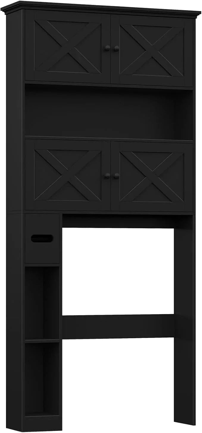 Over The Toilet Storage Cabinet, Farmhouse Storage Cabinet Over Toilet with 4 Barn Doors & Toilet Paper Holder Stand, Black Toilet Shelf Home Space Saver for Restroom, Bathroom, Laundry - ModernBath