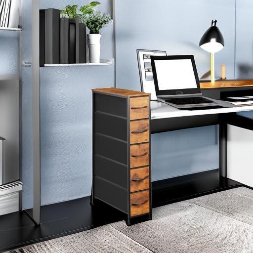 Narrow Dresser Storage Tower with 5 Drawers, Slim Dresser Chest of Drawers with Steel Frame, Wood Top, Dresser for Bedroom, Bathroom, Small Spaces, Laundry, Closet, Rustic Brown - ModernBath
