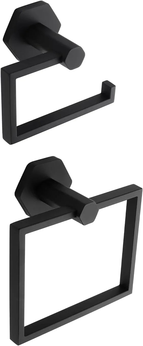 GERZWY Bathroom 2-Piece Accessory Set SUS 304 Stainless Steel Toilet Paper Holder Towel Ring Wall Mount, Matte Black - ModernBath