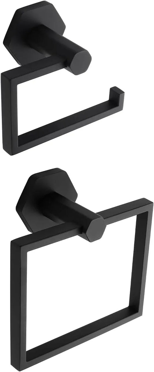 GERZWY Bathroom 2-Piece Accessory Set SUS 304 Stainless Steel Toilet Paper Holder Towel Ring Wall Mount, Matte Black - ModernBath