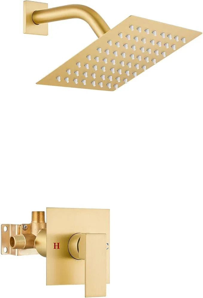 Airuida Shower Faucet Set Bathroom Rain Shower System SUS304 Stainless Steel Single Handle With Male Threads Rough-in Valve Shower Trim Kit 6 Inch Wall Mount Shower Head Brushed Gold - ModernBath