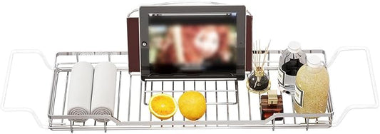 YQh Adjustable Tub Rack, 304 Stainless Steel Bathroom Tray, Multi-Function Tub Organizer with Adjustable Reading Rack, for Tablet or Cell Phone