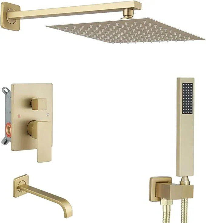 JingGang Brushed Gold Shower System with Tub Spout Wall Mounted Tub Shower Faucet Set for Bathroom with High Pressure 10" Rain Shower head and Handheld Shower Head Kit - ModernBath
