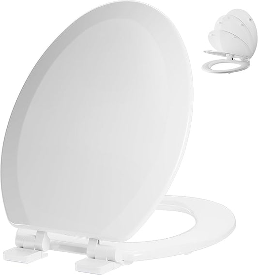 Elongated Toilet Seat Angol Shiold Quiet-Close Molded Wood Toilet Seat with Non-Slip Adjustable Hinges, Anti-Pinch Bumpers, Easy Install & Clean（White, Elongated 18.5''）