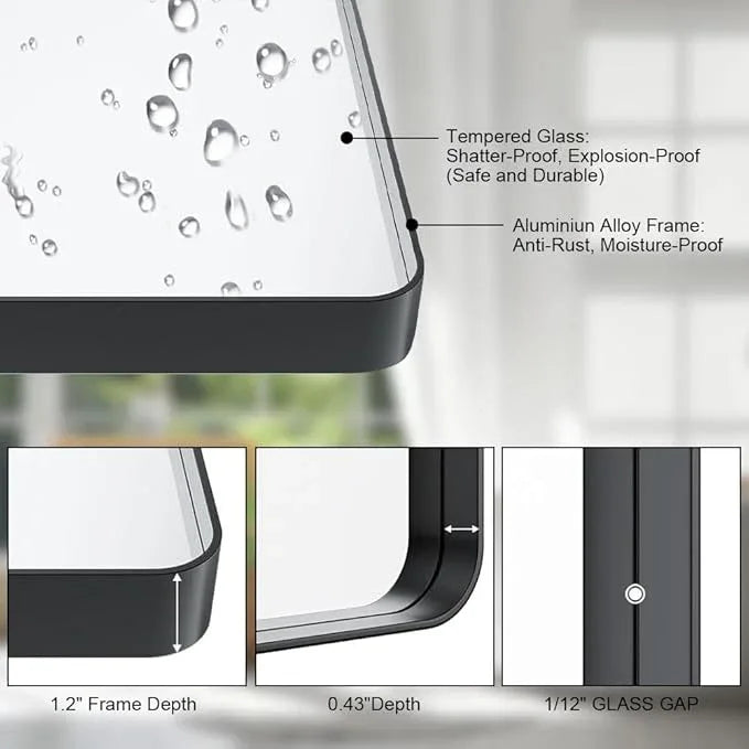 miroro Black 24x36 Inch Metal Framed Mirror for Wall, Large Rounded Rectangle Mirror, Anti-Rust, Tempered Glass, Hangs Horizontally or Vertically - ModernBath