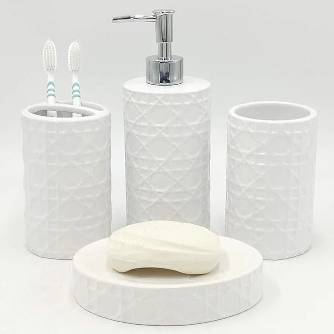 CAA'S Bathroom Accessories Set Ceramic 4 Pieces Bathroom Ensemble for Bath Decor Includes Lotion Dispenser Toothbrush Holder Tumbler Soap Dish (White Netting) - ModernBath