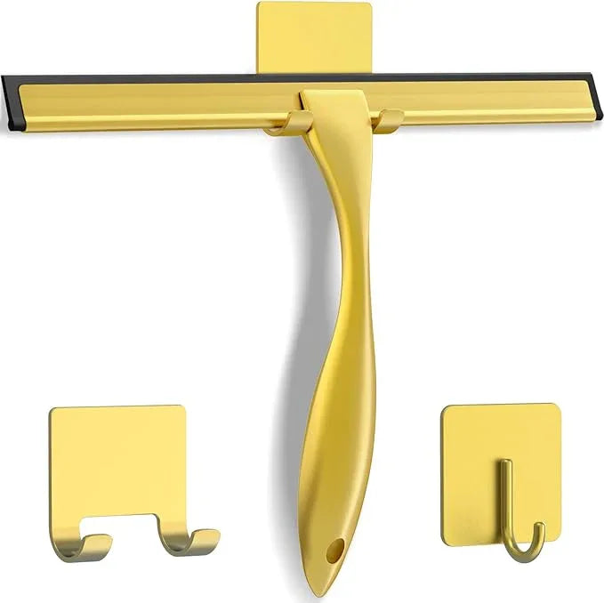 All-Purpose Stainless Steel Shower Squeegee for Shower Doors with 2 Adhesive Hooks, Bathroom Cleaner Tool Household Window Mirror Squeegee for Home Cleaning, Glass Door, Tile Wall, Car, 12 Inch Golden - ModernBath