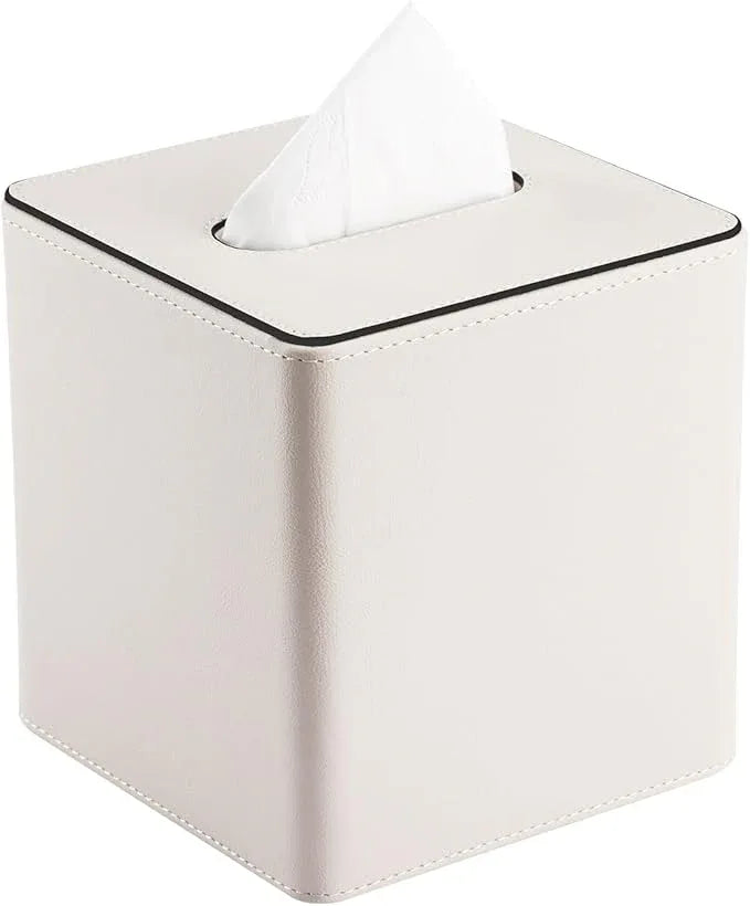 KINGFOM Leather Tissue Box Cover – Square Modern PU Leather Tissue Holder, Cube Tissue Dispenser for Home, Office, Bedroom, Bathroom – Elegant Minimalist Style (Ivory White-Square) - ModernBath