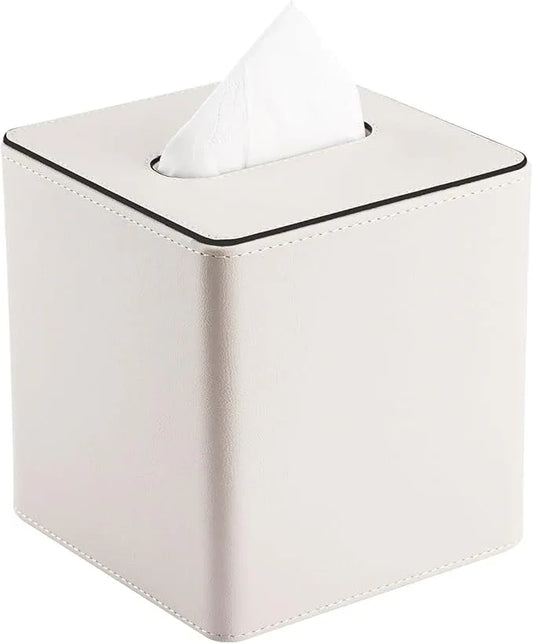 KINGFOM Leather Tissue Box Cover – Square Modern PU Leather Tissue Holder, Cube Tissue Dispenser for Home, Office, Bedroom, Bathroom – Elegant Minimalist Style (Ivory White-Square) - ModernBath