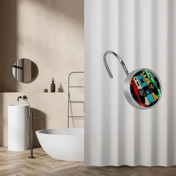 12 Pcs Decorative Shower Curtain Hooks, Rust Proof Glass Surface Stainless Steel Rings for Bathroom Bedroom Kitchen Home Bath Room Rods Decor (Rainbow Gamer) - ModernBath