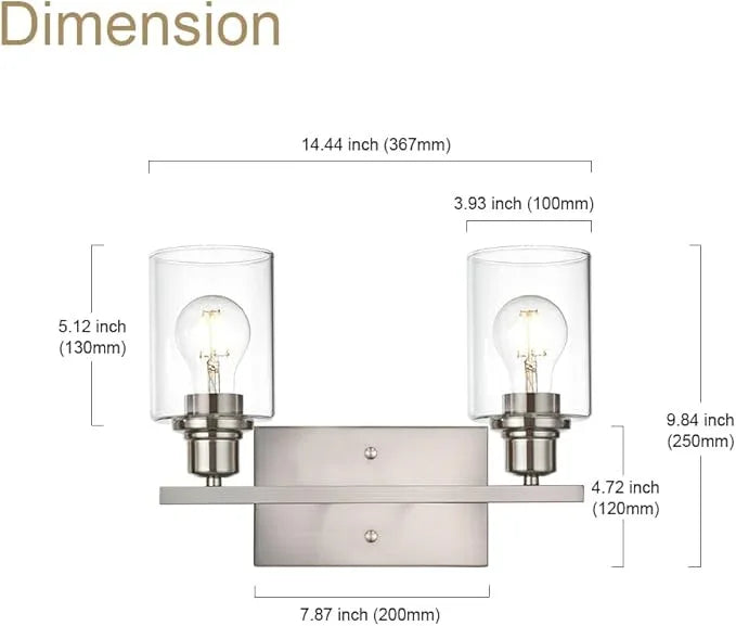 VINLUZ Modern Bathroom Vanity Light,2 Light Industrial Wall Sconces in Brushed Nickel Finish Indoor Metal Base Wall Mounted Fixture with Clear Glass Shade - ModernBath