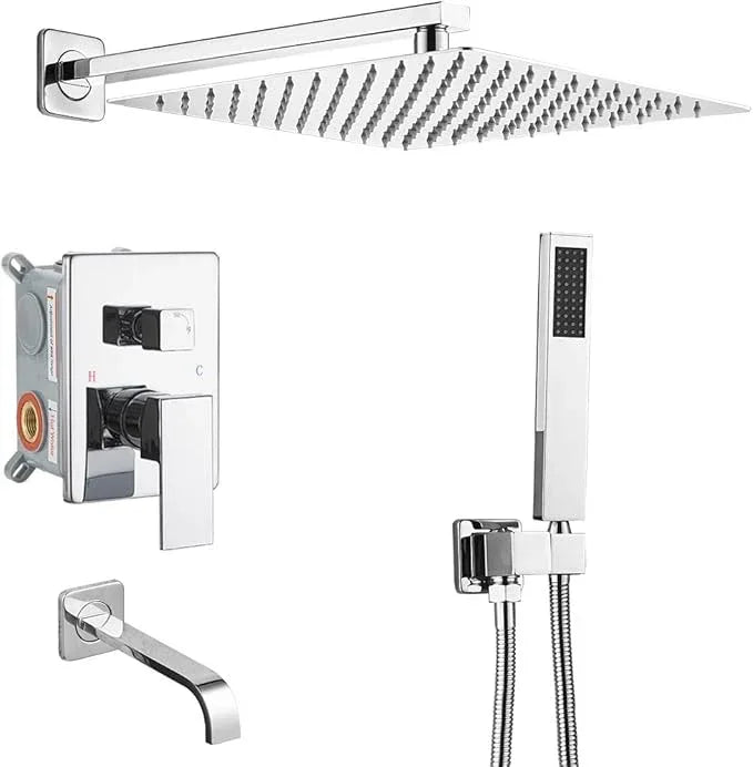 JingGang Polished Chrome Rain Shower System Tub Shower Faucet Set 12 Inch Square Rainfall Shower Head with Handheld Sprayer and Tub Spout Rough-in Valve Shower Mixer Combo Kit - ModernBath