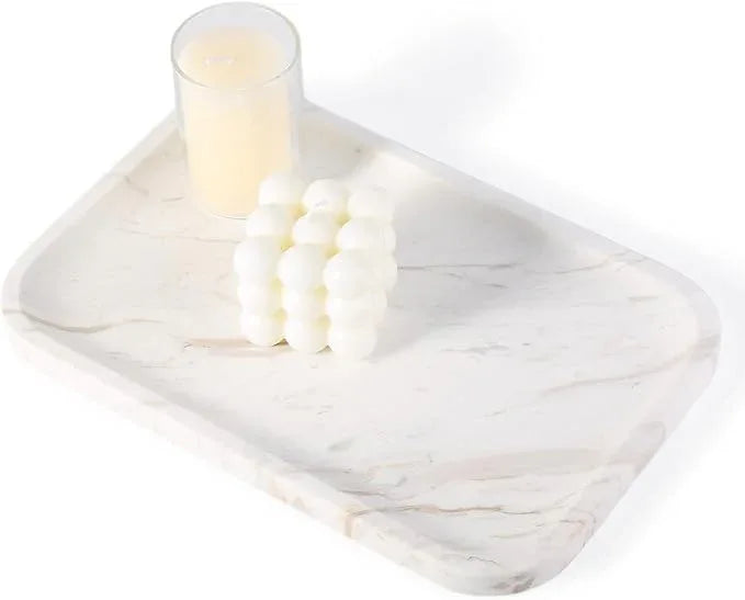 Karibiber Marble Vanity Tray, Marble Bathroom Tray Countertop, Decorative Trays for Dresser Organizer, White Stone Storage Serving Trays for Kitchen, Perfume, Jewelry Cathall Holder - ModernBath