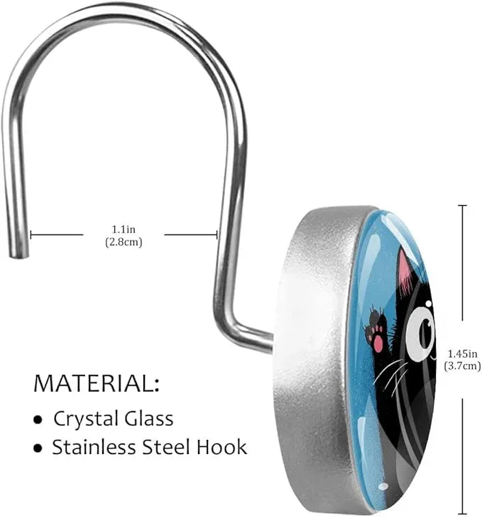 12 Packs Black Happy Cat Shower Curtain Hooks, Stainless Steel Glass Shower Curtain Rings for Bathroom, Rustproof Metal Curtain Rod Hooks - ModernBath