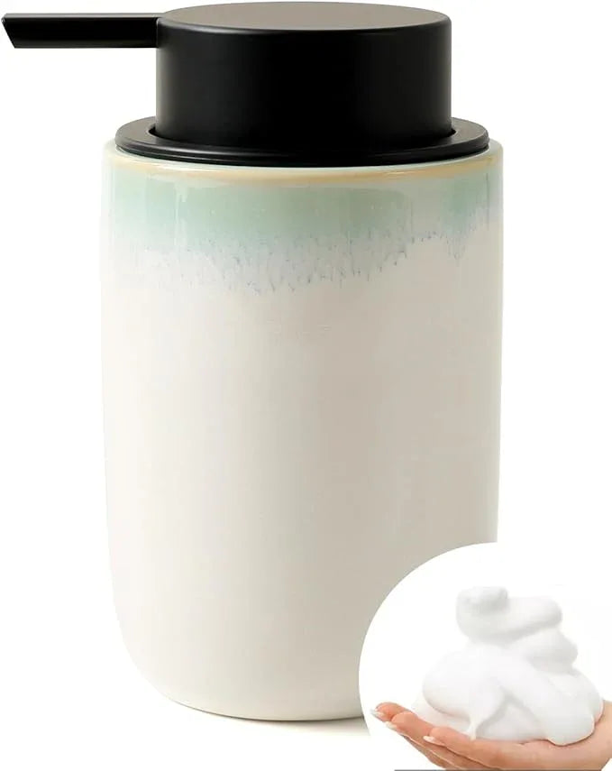 BosilunLife Hand Soap Dispenser - Foam Soap Dispenser Bathroom Ceramic Dish Liquid Soap Dispenser for Kitchen, Bathroom Countertop Soap Dispensers (White with Blue-Green Rim Foam Pump) - ModernBath