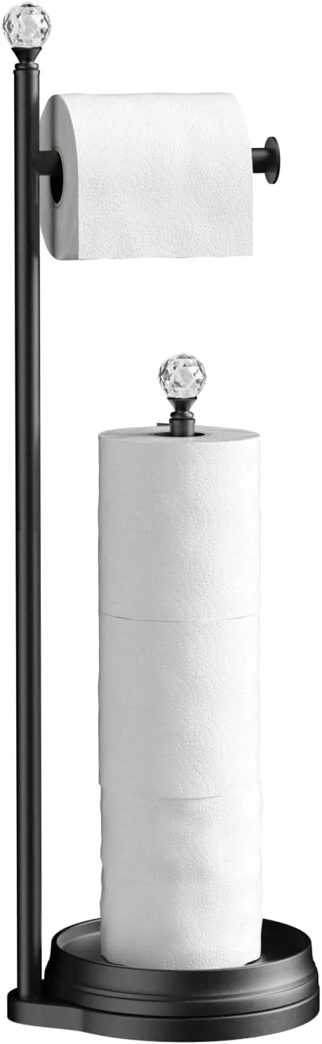 Toilet Paper Holder for Bathroom, Heavy Weighted Metal Free Standing Toilet Paper Holder Stand with Crystal Ball, Toilet Paper Roll Stand for Bathroom Accessories (Matte Black) - ModernBath