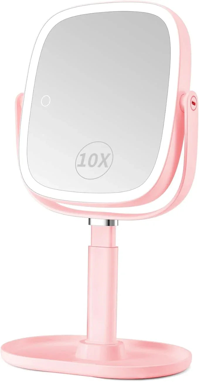 Lighted Makeup Mirror, 2600mAh Rechargeable 1x/10x Magnifying Vanity Mirror, 8.5" Height Adjustable Makeup Mirror with Lights 3 Color, 360° Rotation 2-Sided Light up Large Desk Mirror - Pink - ModernBath