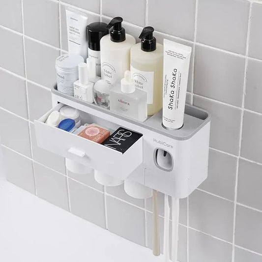HubiCare Toothbrush Holder with Toothpaste Dispenser Wall Mounted for Bathroom, Automatic Toothpaste Squeezer, Bathroom Organization and Storage, 5 Toothbrush Slots (3 Cups) - ModernBath