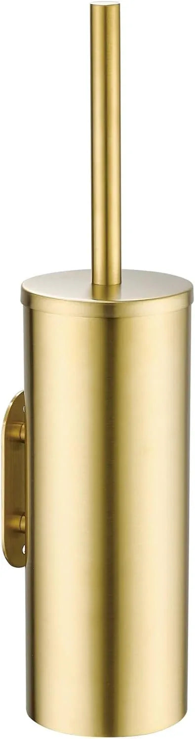 Gold Brushed Stainless Steel Toilet Brush and Cover, No-Punch Hook Base Dual Purpose Toilet Brush Holder with Removable Inner Bucket and Splash Cover - Soft Bristles (Brushed Gold) - ModernBath