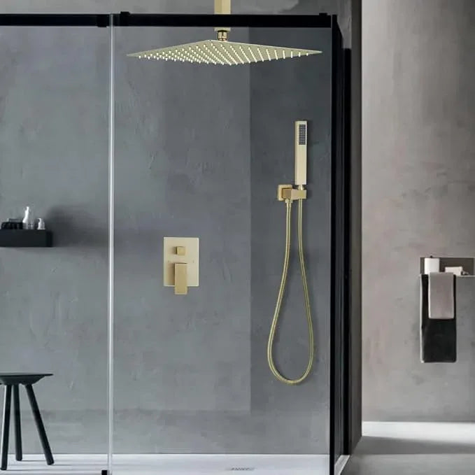 JingGang 16 Inch Ceiling Mount Brushed Gold Shower System Bathroom Luxury Rain Mixer Shower Combo Set Ceiling Rainfall Shower Head System (Contain Shower Faucet Rough-in Valve Body and Trim Kit) - ModernBath