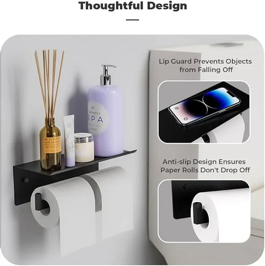 Double Toilet Paper Holder with Shelf, FreshGlow Tissue Holder Matte Black, Wall Mount Commercial Toilet Paper Dispenser Phone Shelf Stainless Steel, Tissue Roll for Bathroom - ModernBath