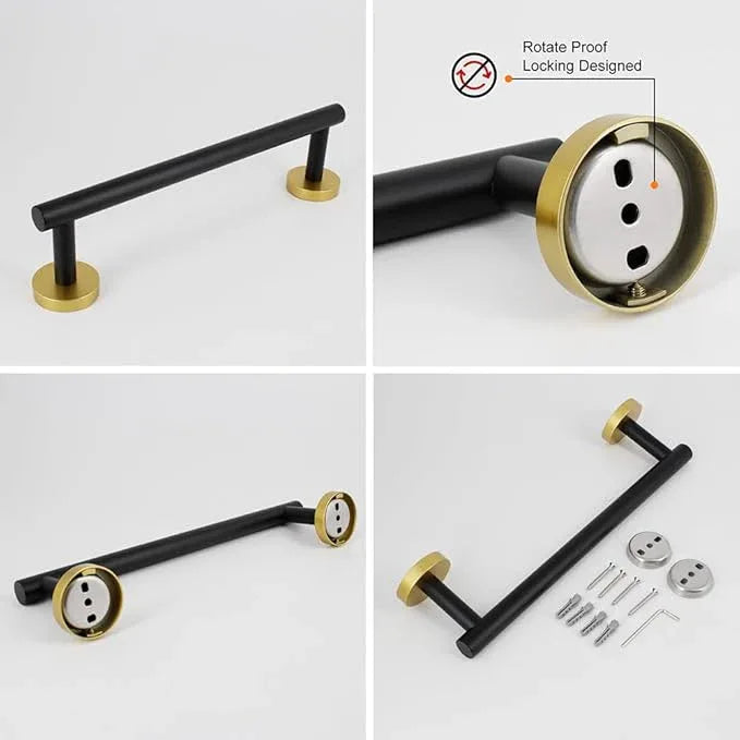 5-Pieces Bathroom Accessories Kit Black & Gold Wall Mounted - Includes 24" Double Towel Bar, 12" Hand Towel Bar, Toilet Paper Holder, 2X Robe Towel Hooks - ModernBath