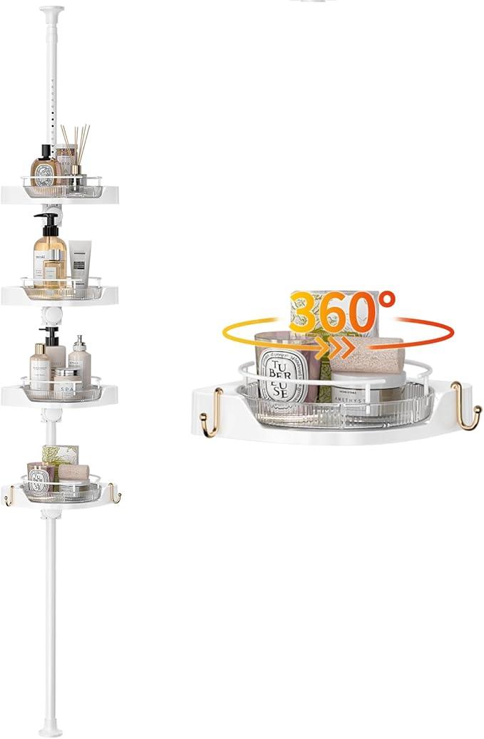akinbas Shower Caddy Tension Pole with 4 L-Lazy Susan Organizer 360 Rotating 35-128 Inch No Drilling Floor Standing Shelves Adjustable Shower Rack for Bathroom Corner (White) - ModernBath