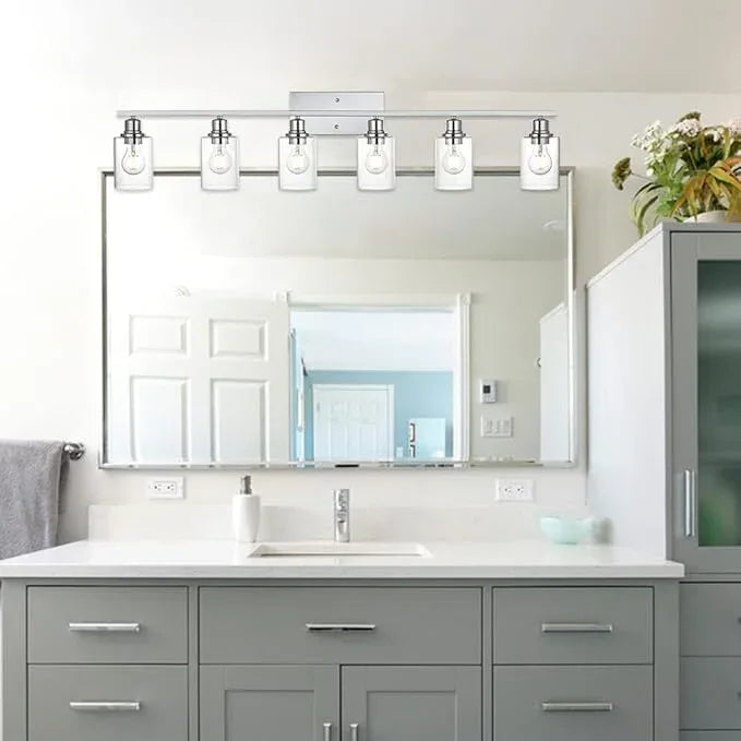 VINLUZ 6 Lights Bathroom Vanity Light in Chrome Finish with Clear Cylinder Glass Shade Industrial Wall Light Fixtures Over Mirror for Dressing Table Bedroom - ModernBath