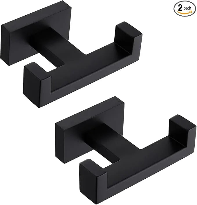 APLusee Double Bath Towel Hook 2 Pack, 304 Stainless Steel Square Dual Coat Holder, Modern Bathroom Kitchen Storage Hanger Wall Mounted, Matte Black - ModernBath