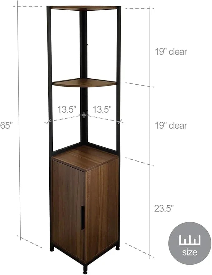 Mitus Corner Shelf Tower with Storage Cabinet, Modern Display Bookshelf Stand, Plant Shelf for House Décor, Living Room, Bar, Office, Kitchen, Bathroom, Bedroom - 65" H Rustic Brown - ModernBath