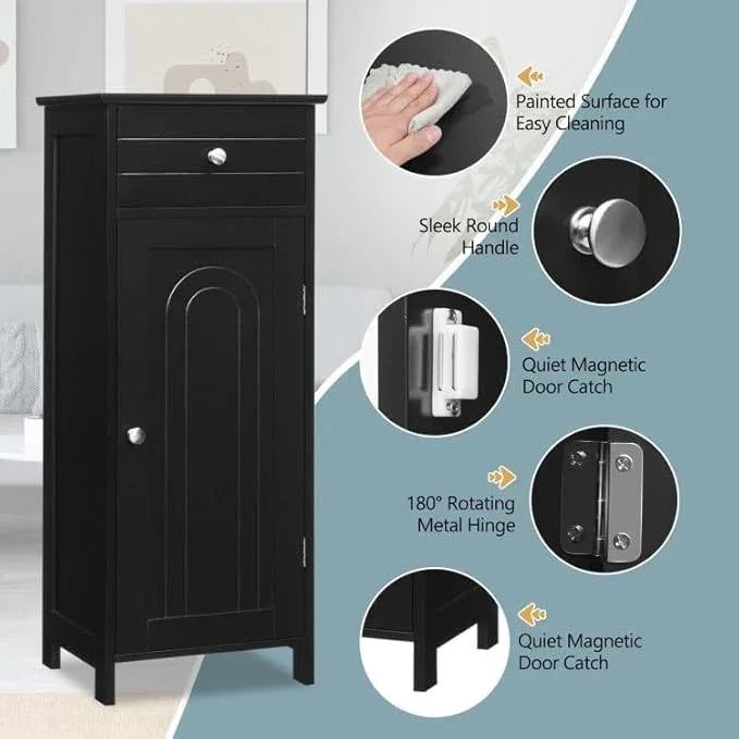 GOFLAME Bathroom Storage Cabinet, Freestanding Wooden Storage Cabinet with Large Drawer, 2 Adjustable Shelves with 7 Positions, Bathroom Floor Cabinet Organizer for Living Room, Black - ModernBath