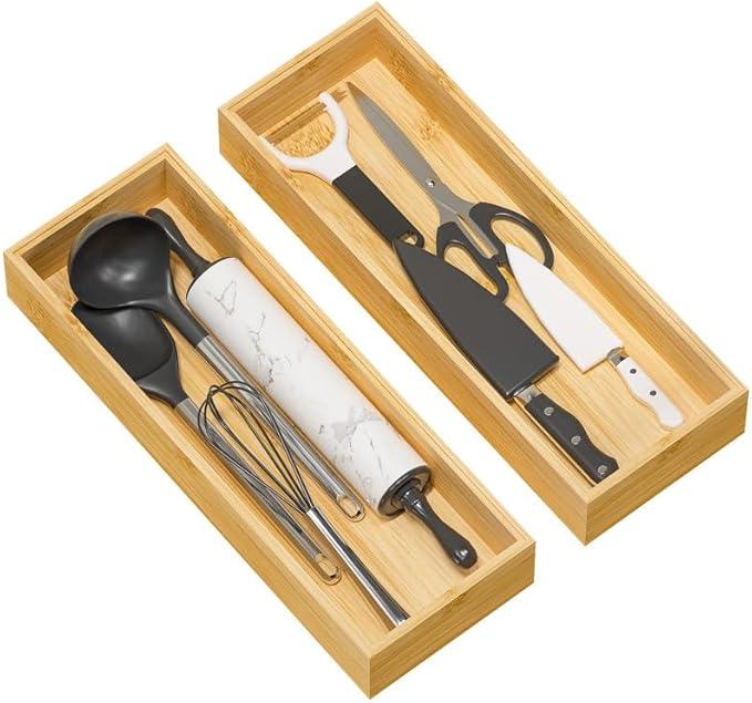 Kitchen Drawer Organizer Tray, Stackable Bamboo Deep Drawer Organizer for Large Silverware, Utensils, Cutlery, Flatware,Junk Drawer, Dresser, Bathroom, 17" x 6" x 2.5" (Set of 2) - ModernBath