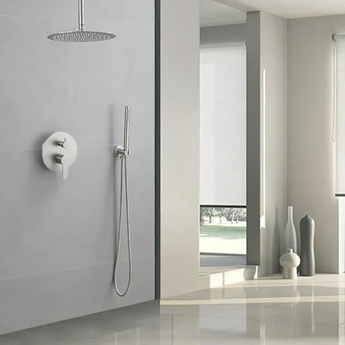 JingGang Brushed Nickel Ceiling Mount Round Rain Shower System with 12 Inch Shower Head and Handheld Bathroom Shower Set Contain Shower Faucet Trim Kit (Mixer Valve Included) - ModernBath