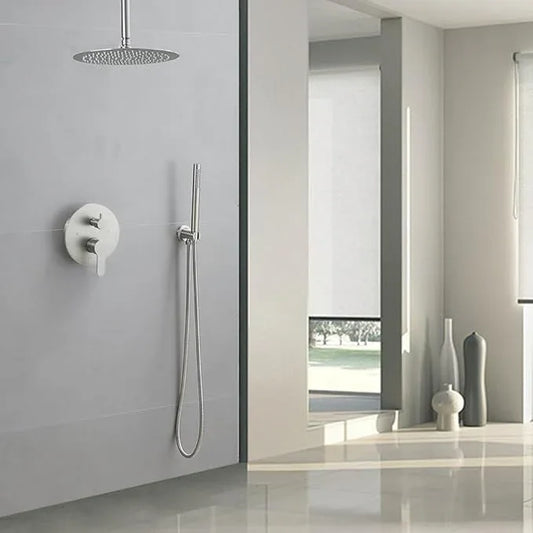 JingGang Brushed Nickel Ceiling Mount Round Rain Shower System with 12 Inch Shower Head and Handheld Bathroom Shower Set Contain Shower Faucet Trim Kit (Mixer Valve Included) - ModernBath