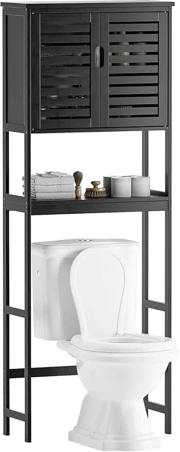 SMIBUY Bathroom Over The Toilet Storage Cabinet, 2 Door Bamboo Cabinet Organizer, Freestanding Space Saver Toilet Rack with Adjustable Inside Shelf and Open Shelf (Black) - ModernBath