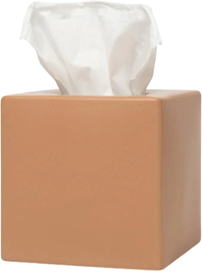 Simple Solid Ceramic Tissue Box Cover – Square Matte Finish Tissue Holder for Bathroom, Vanity, Nightstand, Office – Decorative & Discreet – Fits Standard Tissue Boxes (Clay) - ModernBath