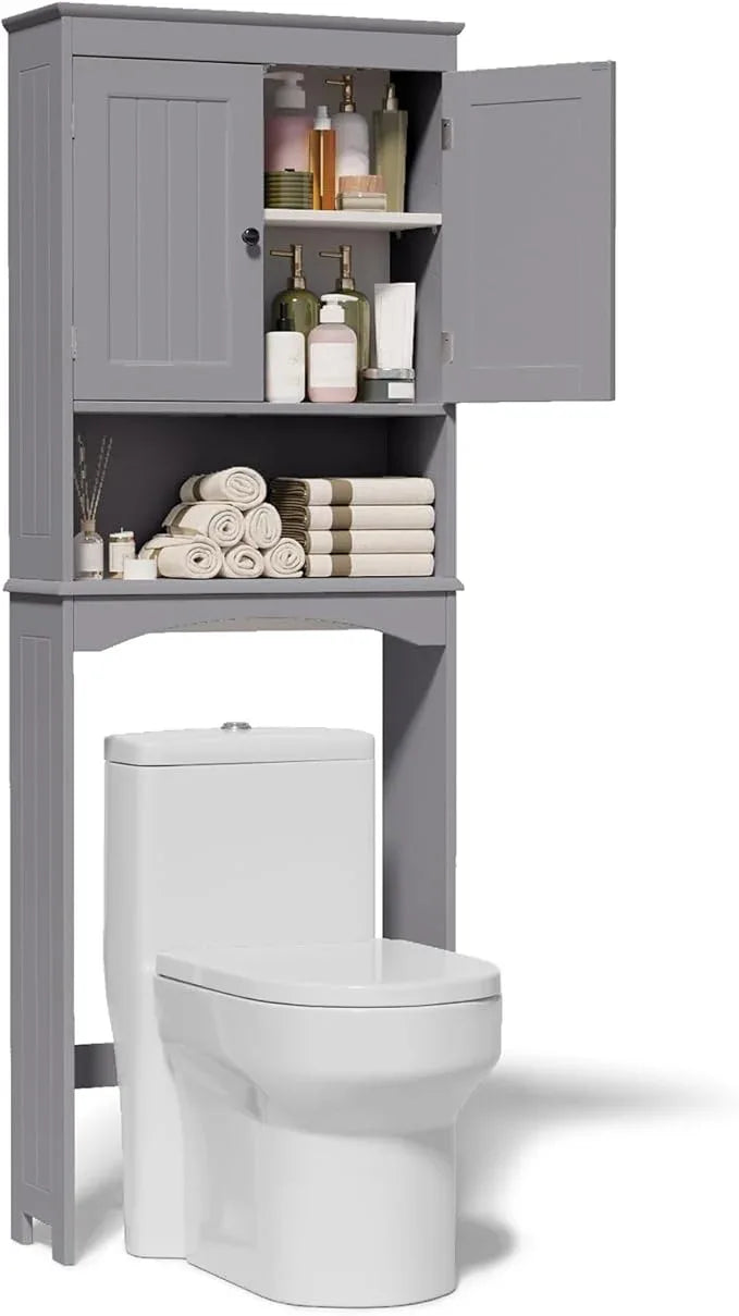 Gizoon Over The Toilet Storage Cabinet with Adjustable Shelf and Double Doors, Bathroom Space Saver Organizer Above Toilet with Open Shelf, Taller Wooden Free Standing Toilet Rack -Grey - ModernBath