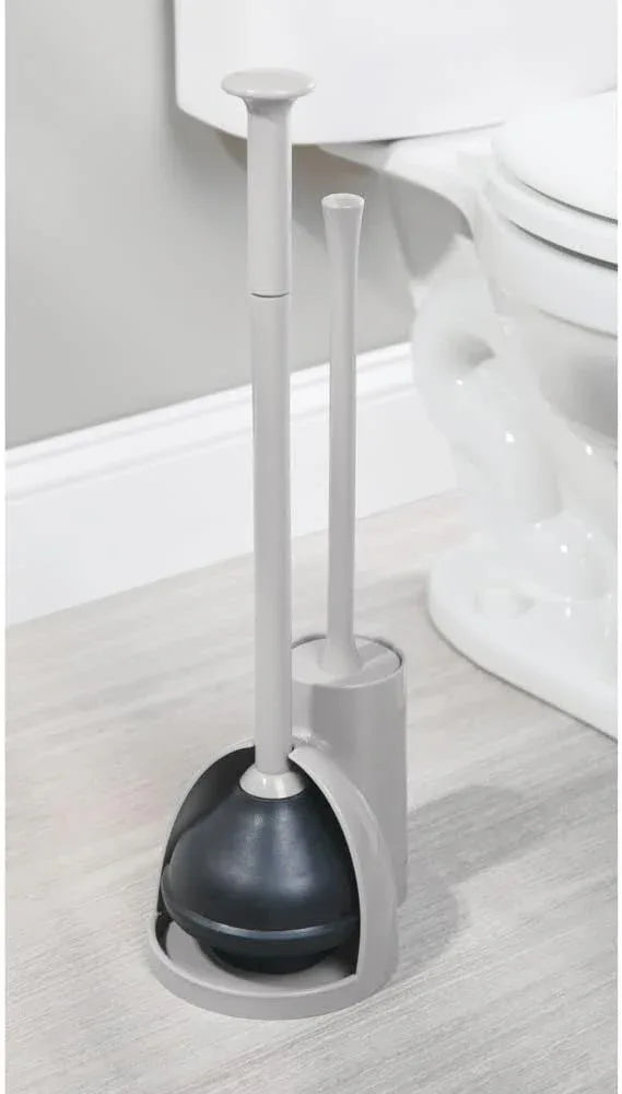 mDesign Hidden Plunger and Brush Set for Toilet Bowl - Brush Cleaner and Plunger Combo with Holder Caddy for Bathroom - Modern Toilet Brush and Plunger Set - Aura Collection - Light Gray - ModernBath